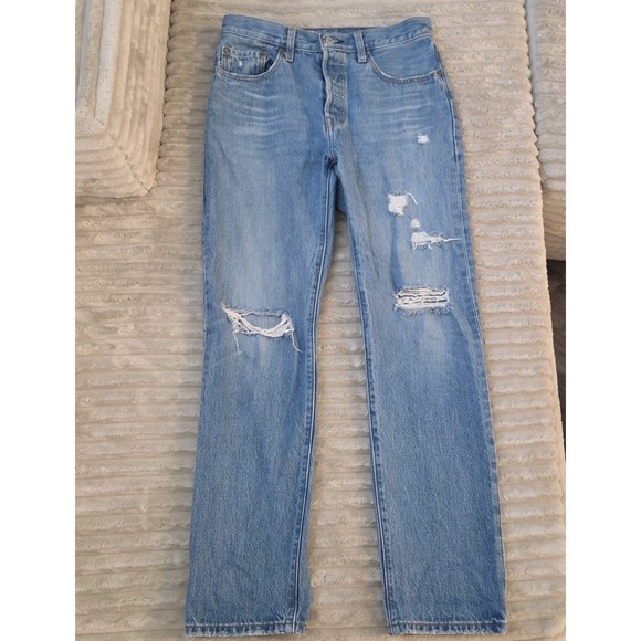 Levi's Denim - Levi's 501 Original Fit Jeans Womens W27 L30 Light Wash Distressed Ripped Denim